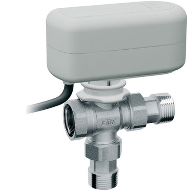 Кран шаровой FAR FA 307182 3/4 Ду20 Ру16 трехходовой с электроприводом 24В, латунный хромированный, внутренняя резьба/американка
