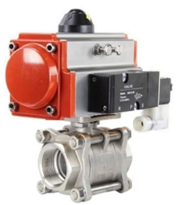 Кран шаровой ABRA BV11 Ду8 Ру40 нержавеющий, полнопроходной, резьбовой с пневмоприводом SA-052 с возвратными пружинами и пневмораспределителем 4M310-08 24В