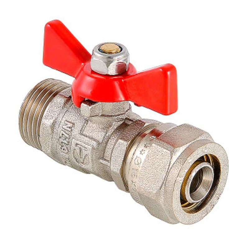 Кран шаровой Valtec VT.341.N.1604 16х1/2 Дн16xДу15 Ру10 для металлопластиковых труб, стандартнопроходной, присоединение компрессионное/наружная резьба, управление ручка-бабочка, латунный никелированный
