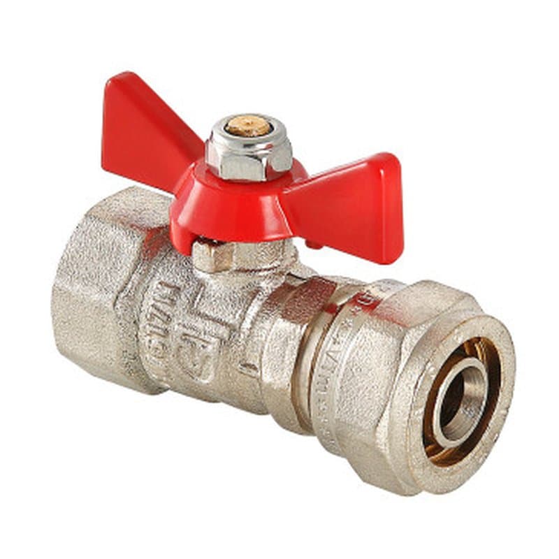 Кран шаровой Valtec VT.342.N.1604 16х1/2 Дн16xДу15 Ру10 для металлопластиковых труб, стандартнопроходной, присоединение компрессионное/внутренняя резьба, управление ручка-бабочка, латунный никелированный