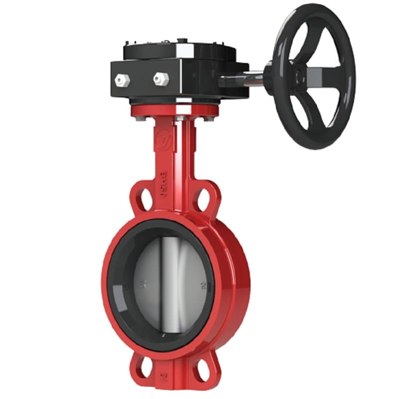 Затвор пожарный поворотный дисковый Dendor 017W красный Ду65 Ру16 межфланцевый с концевыми выключателями открыто, с редуктором, корпус - чугун