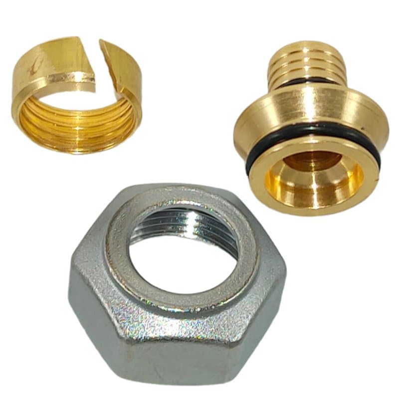 Адаптер зажимной Giacomini R179E Дн18x2.0-G3/4″ Ру10 латунный, с накидной гайкой, внутренняя резьба (евроконус), для металлопластиковых труб